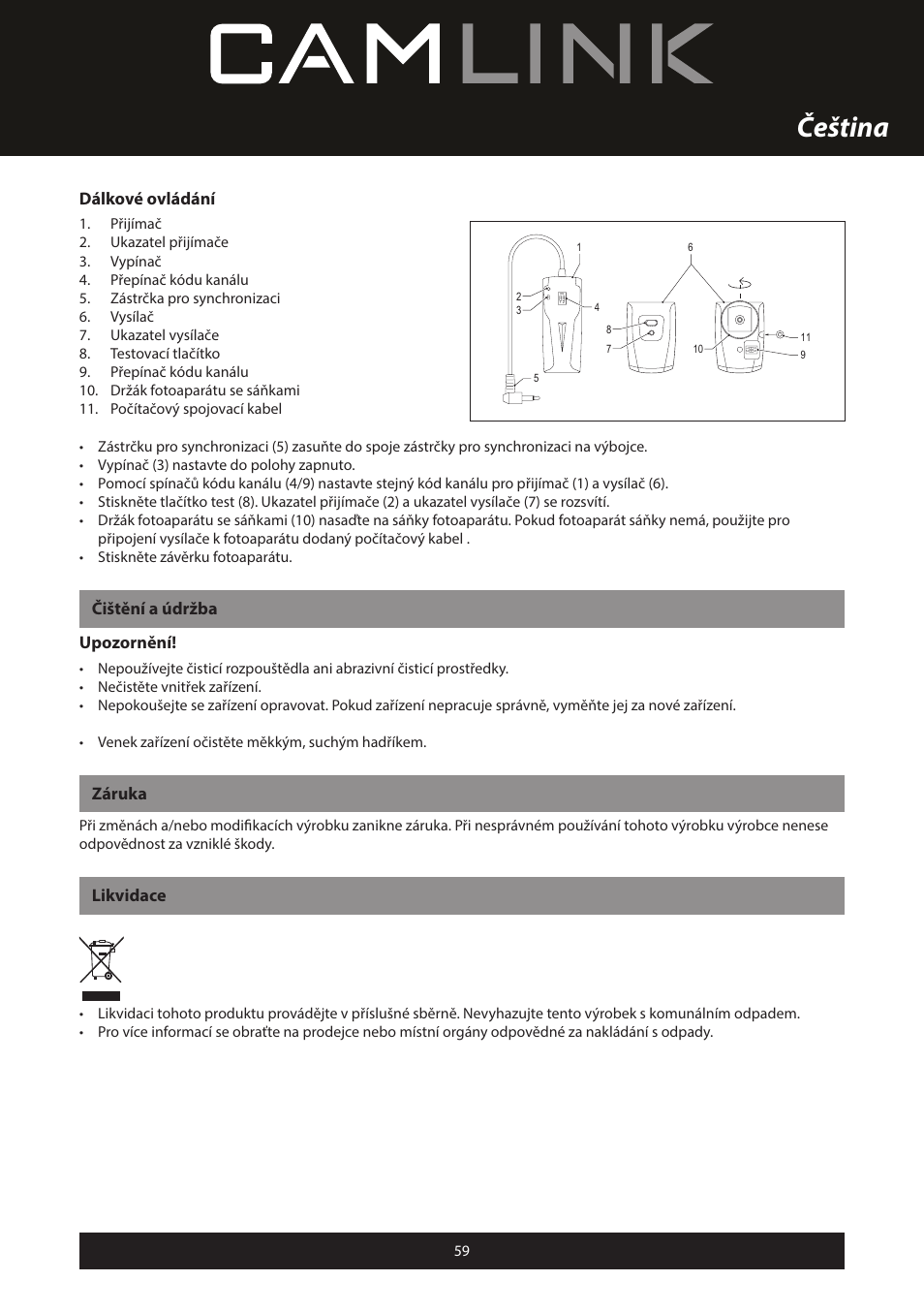 Čeština, Dálkové ovládání, Čištění a údržba upozornění | Záruka, Likvidace | Camlink Professional photo studio CL-STUDIO30 User Manual | Page 59 / 108