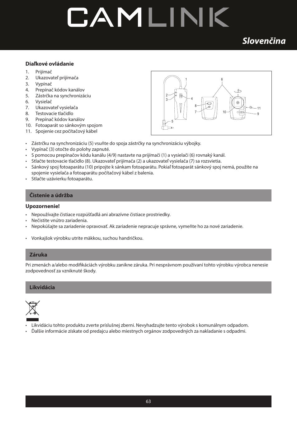 Slovenčina, Diaľkové ovládanie, Čistenie a údržba upozornenie | Záruka, Likvidácia | Camlink Professional photo studio CL-STUDIO30 User Manual | Page 63 / 108