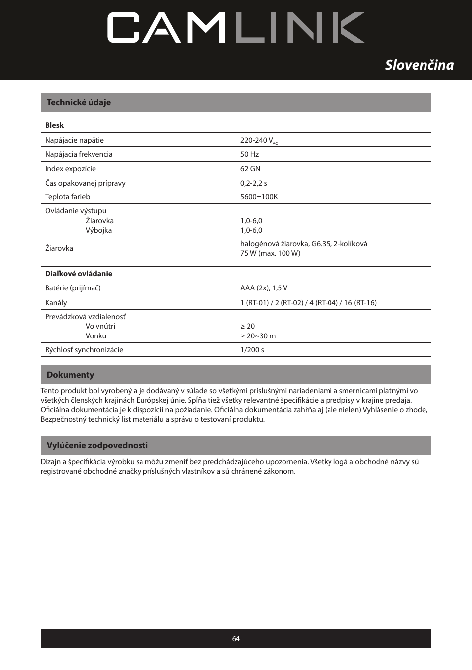Slovenčina | Camlink Professional photo studio CL-STUDIO30 User Manual | Page 64 / 108