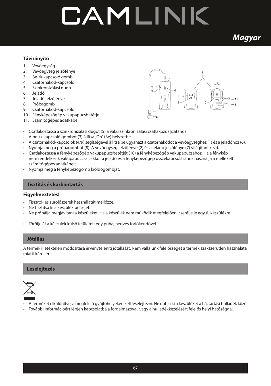 Magyar, Távirányító, Tisztítás és karbantartás figyelmeztetés | Jótállás, Leselejtezés | Camlink Professional photo studio CL-STUDIO30 User Manual | Page 67 / 108