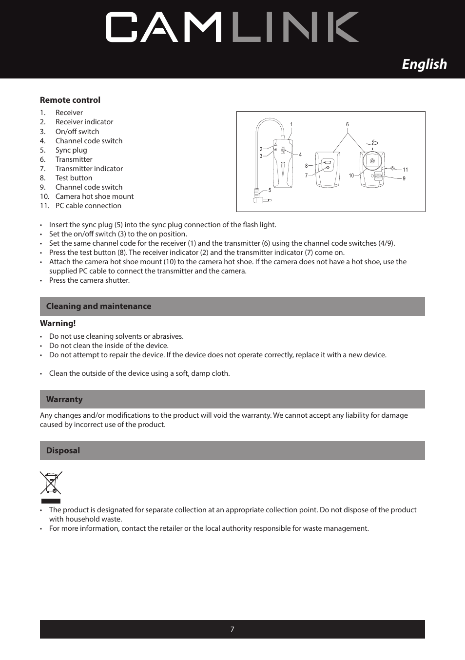 English, Remote control, Cleaning and maintenance warning | Warranty, Disposal | Camlink Professional photo studio CL-STUDIO30 User Manual | Page 7 / 108