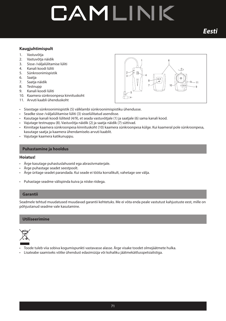 Eesti, Kaugjuhtimispult, Puhastamine ja hooldus hoiatus | Garantii, Utiliseerimine | Camlink Professional photo studio CL-STUDIO30 User Manual | Page 71 / 108