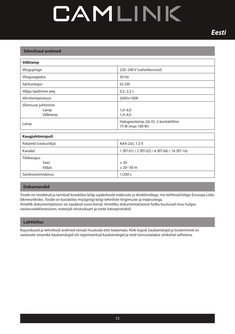 Eesti | Camlink Professional photo studio CL-STUDIO30 User Manual | Page 72 / 108