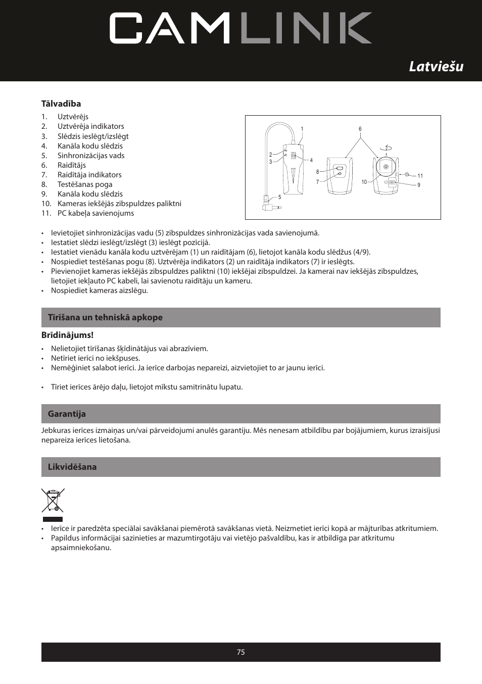 Latviešu, Tālvadība, Tīrīšana un tehniskā apkope brīdinājums | Garantija, Likvidēšana | Camlink Professional photo studio CL-STUDIO30 User Manual | Page 75 / 108
