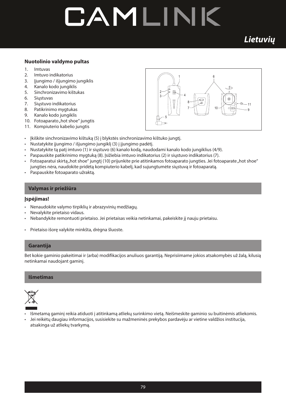 Lietuvių, Nuotolinio valdymo pultas, Valymas ir priežiūra įspėjimas | Garantija, Išmetimas | Camlink Professional photo studio CL-STUDIO30 User Manual | Page 79 / 108