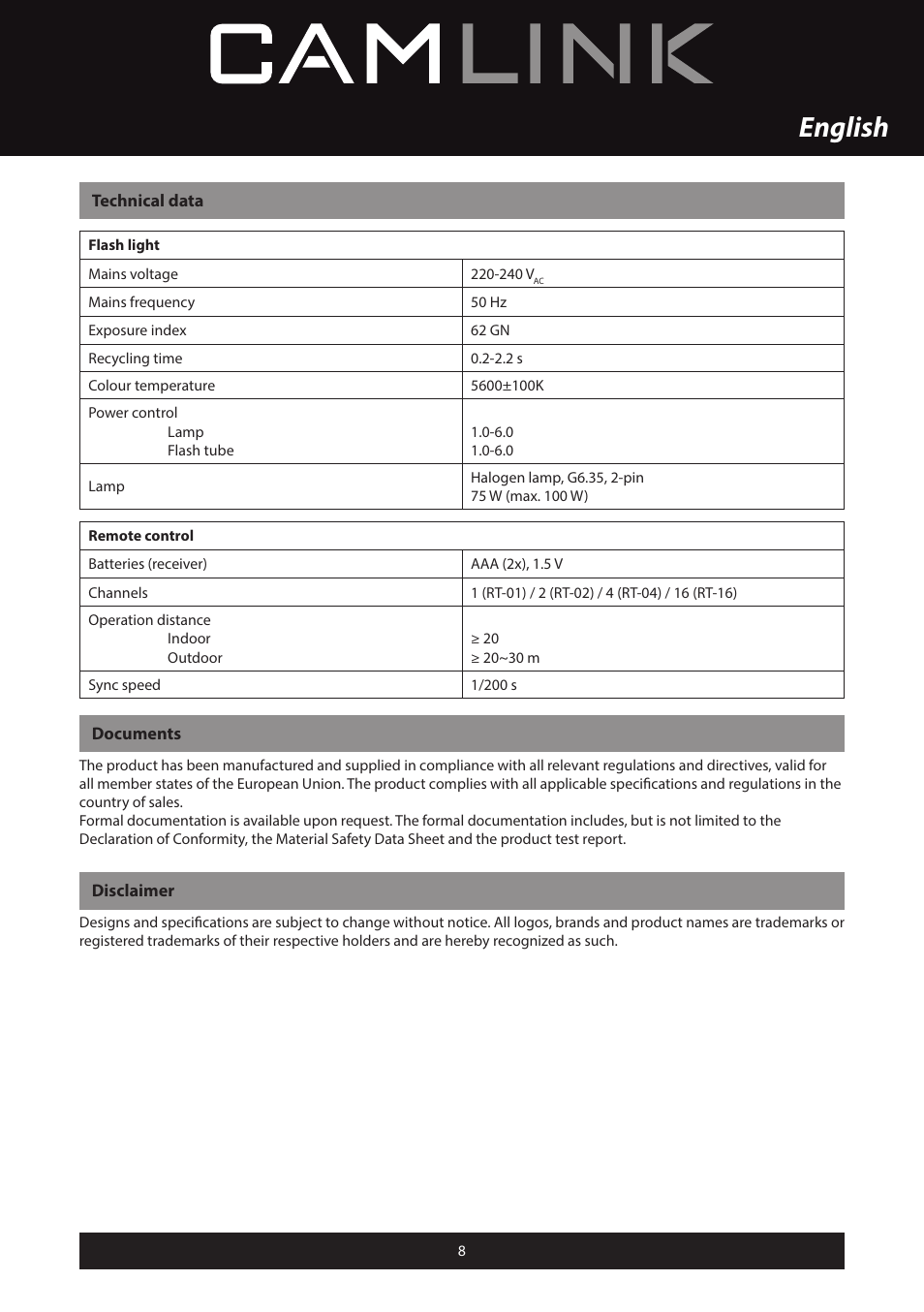 English | Camlink Professional photo studio CL-STUDIO30 User Manual | Page 8 / 108