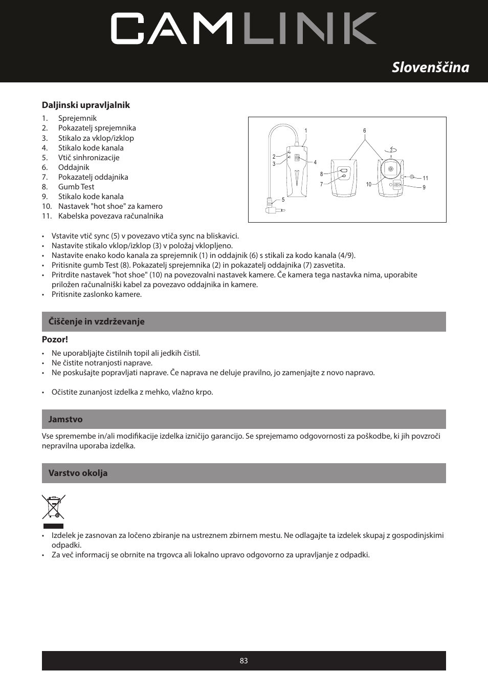 Slovenščina, Daljinski upravljalnik, Čiščenje in vzdrževanje pozor | Jamstvo, Varstvo okolja | Camlink Professional photo studio CL-STUDIO30 User Manual | Page 83 / 108