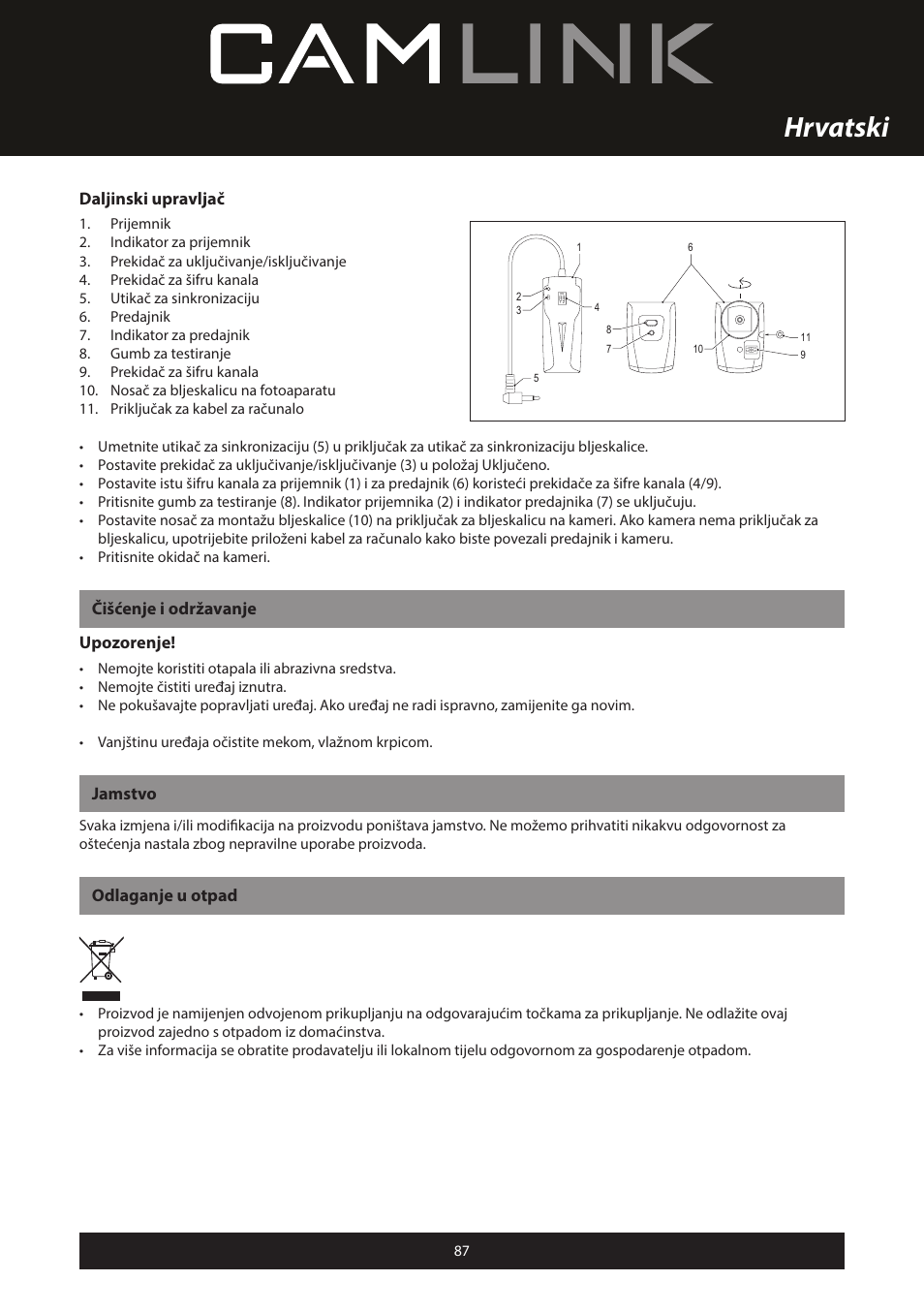 Hrvatski, Daljinski upravljač, Čišćenje i održavanje upozorenje | Jamstvo, Odlaganje u otpad | Camlink Professional photo studio CL-STUDIO30 User Manual | Page 87 / 108