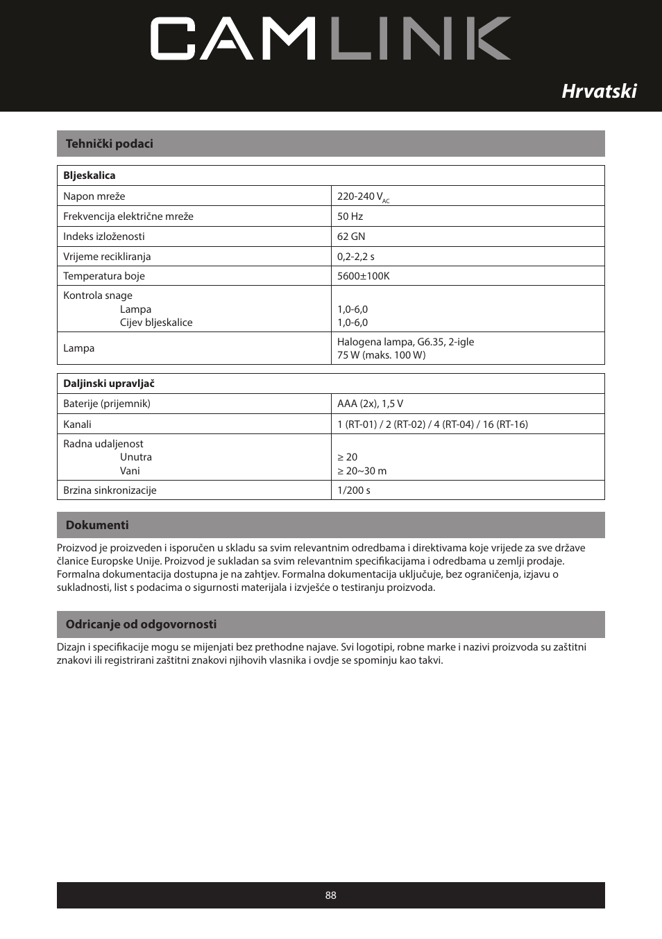 Hrvatski | Camlink Professional photo studio CL-STUDIO30 User Manual | Page 88 / 108