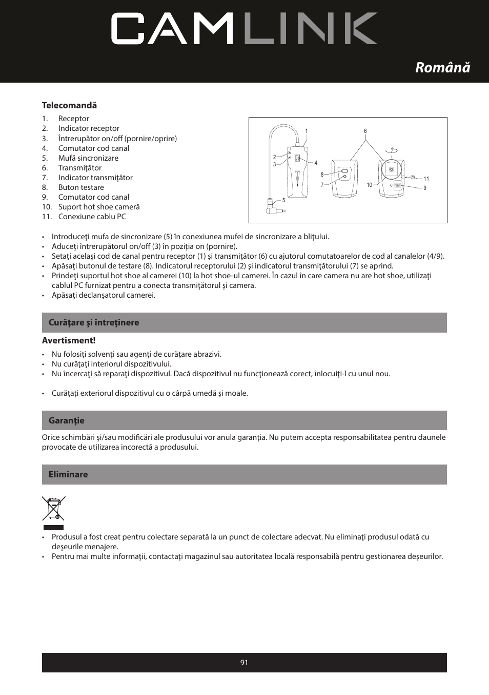 Română, Telecomandă, Curăţare şi întreţinere avertisment | Garanţie, Eliminare | Camlink Professional photo studio CL-STUDIO30 User Manual | Page 91 / 108