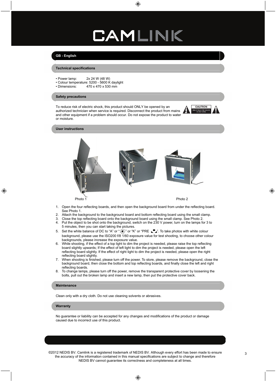 Camlink Professional photo studio CL-STUDIO20 User Manual | Page 3 / 22