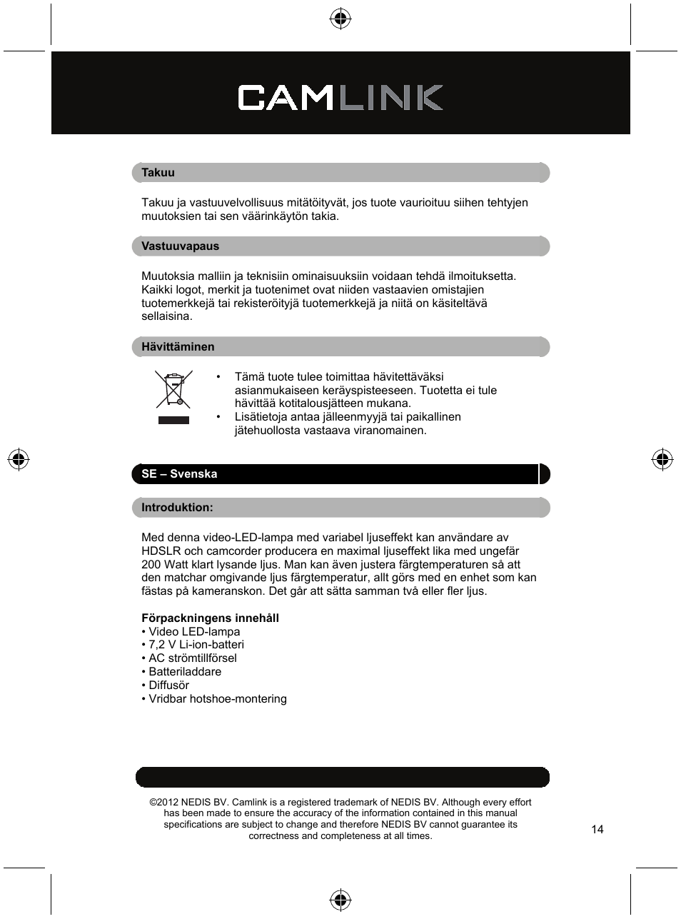 Camlink Video LED lamp 320 LEDs User Manual | Page 14 / 29