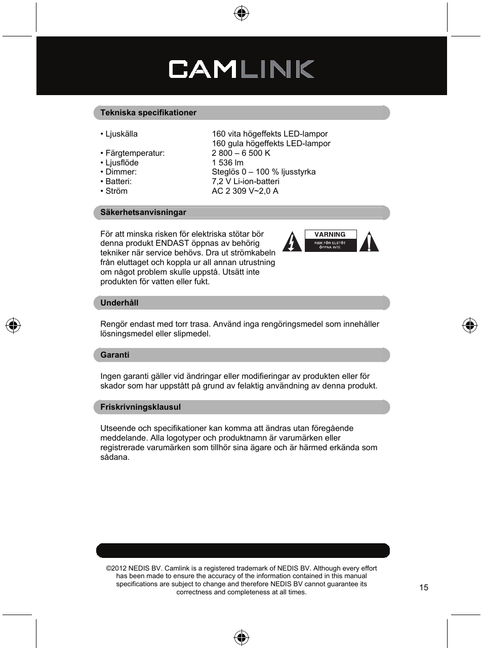 Camlink Video LED lamp 320 LEDs User Manual | Page 15 / 29
