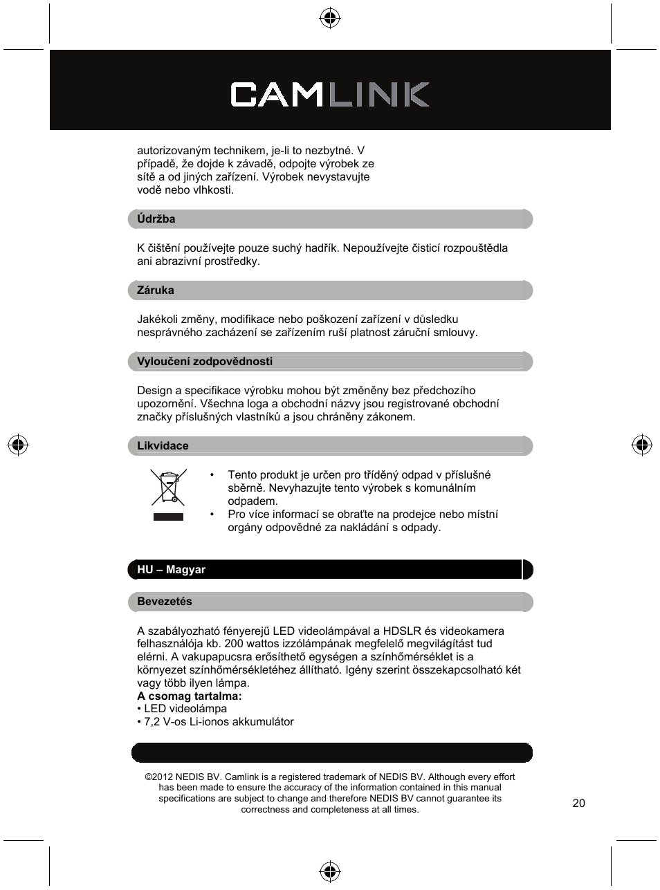 Camlink Video LED lamp 320 LEDs User Manual | Page 20 / 29