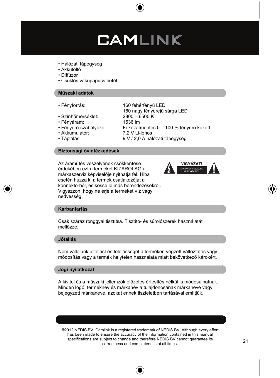 Camlink Video LED lamp 320 LEDs User Manual | Page 21 / 29
