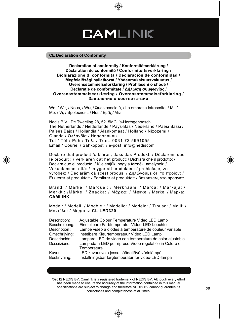 Camlink Video LED lamp 320 LEDs User Manual | Page 28 / 29