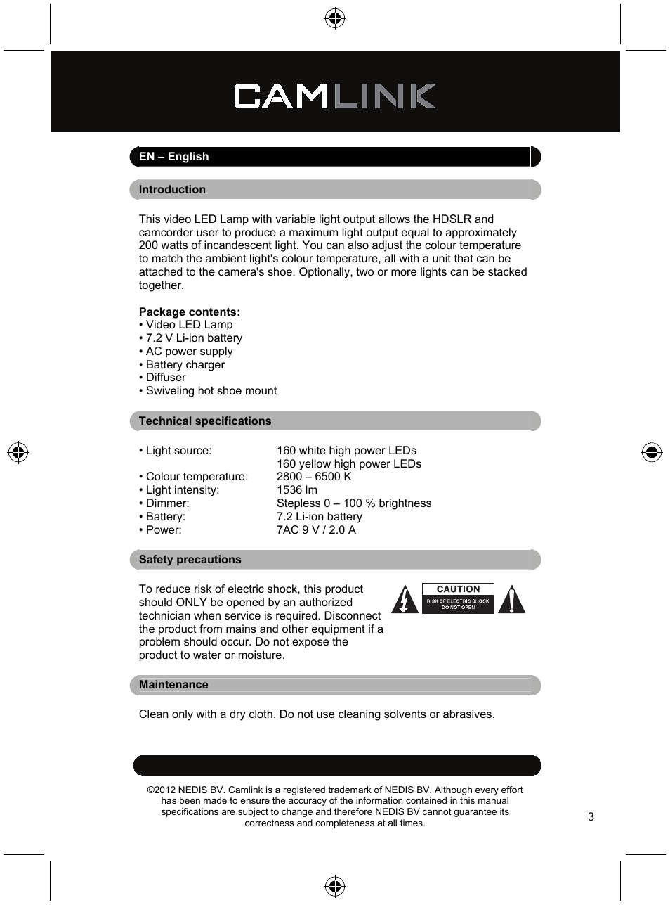 Camlink Video LED lamp 320 LEDs User Manual | Page 3 / 29