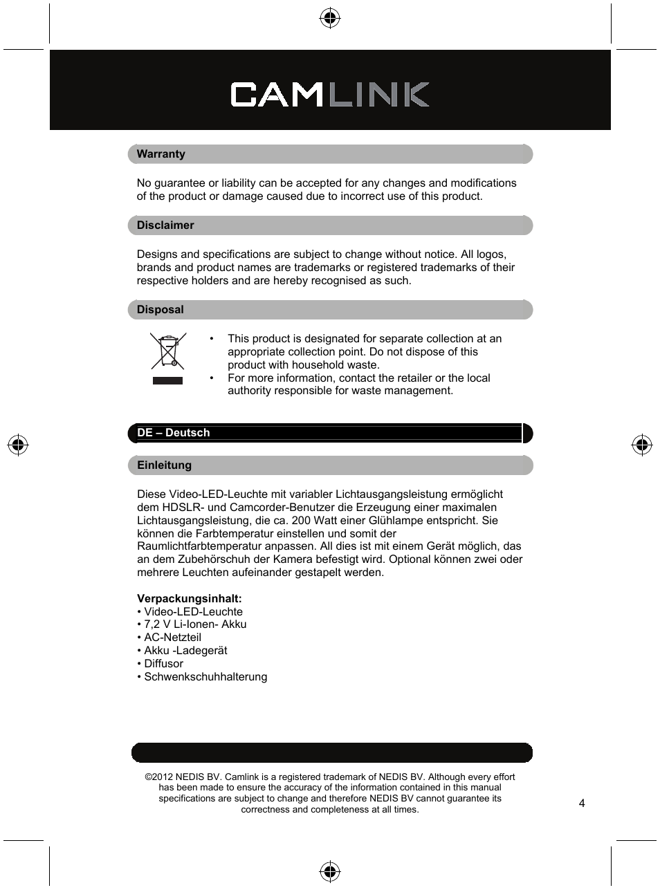Camlink Video LED lamp 320 LEDs User Manual | Page 4 / 29