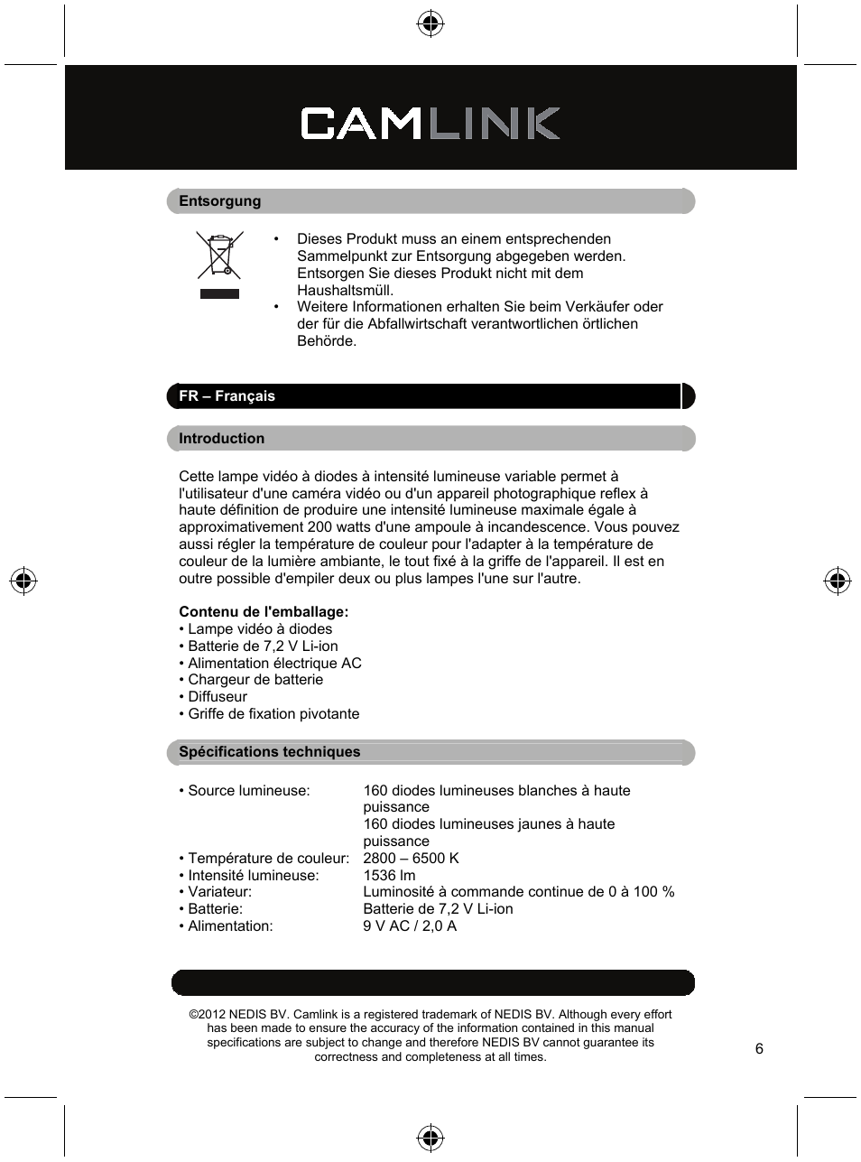 Camlink Video LED lamp 320 LEDs User Manual | Page 6 / 29
