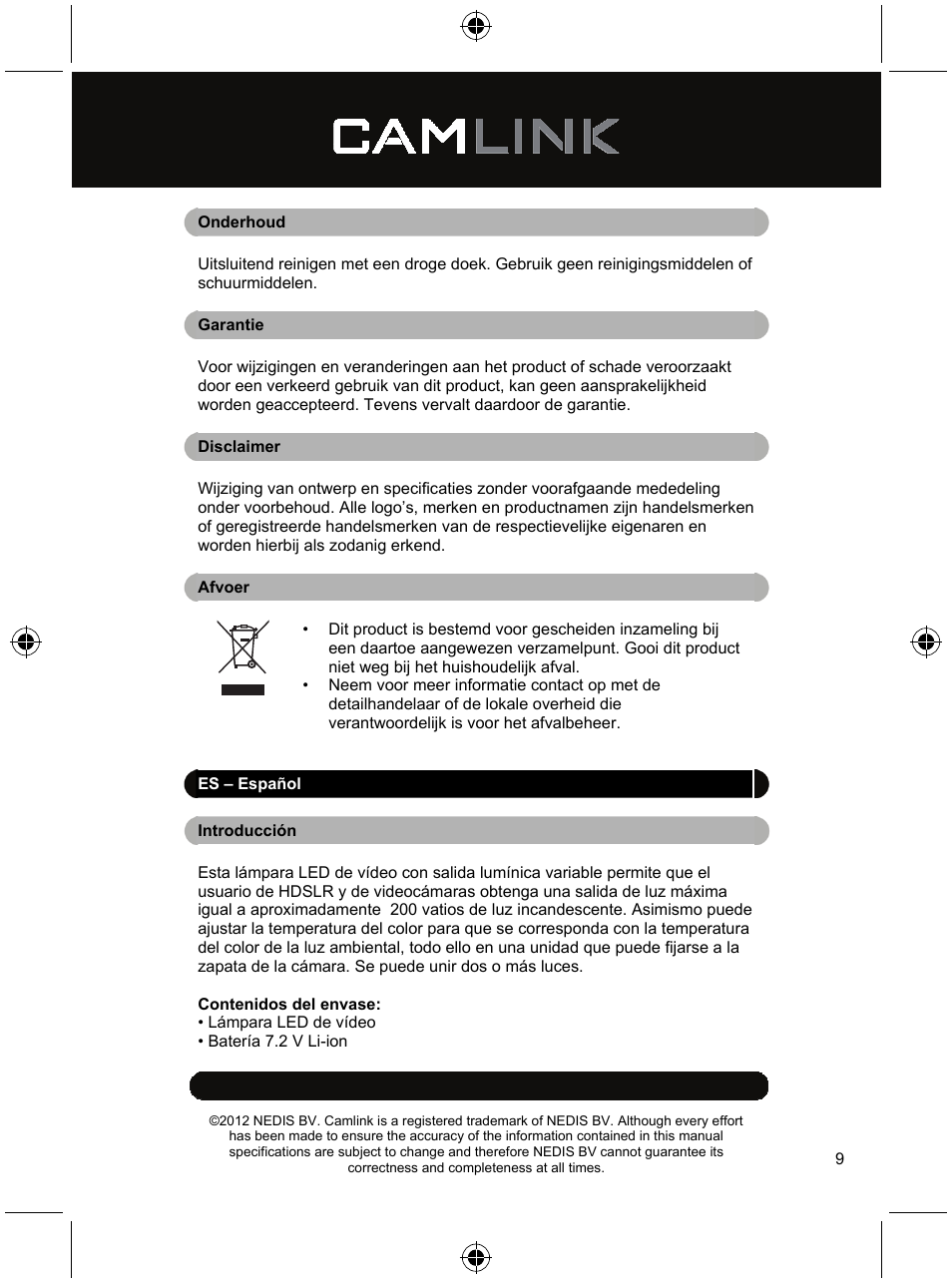 Camlink Video LED lamp 320 LEDs User Manual | Page 9 / 29