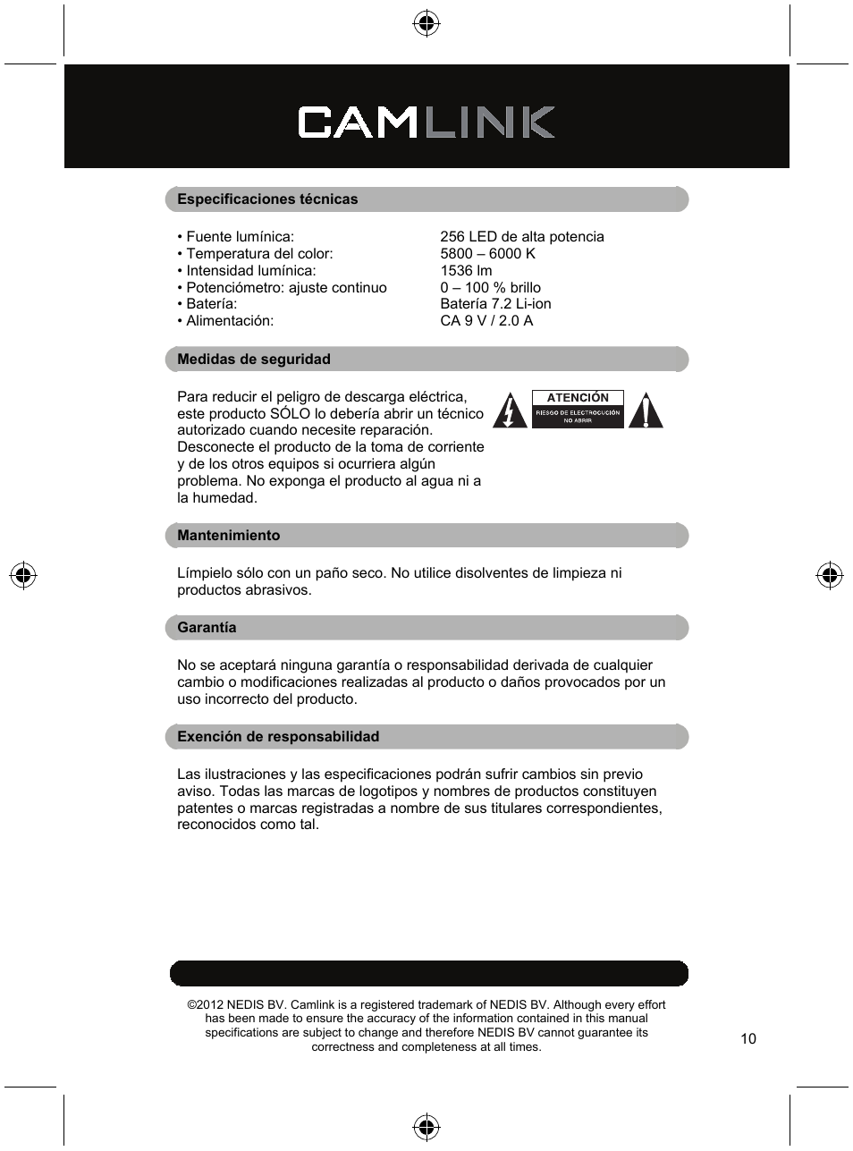 Camlink Dimmable video LED lamp 256 LEDs User Manual | Page 10 / 28