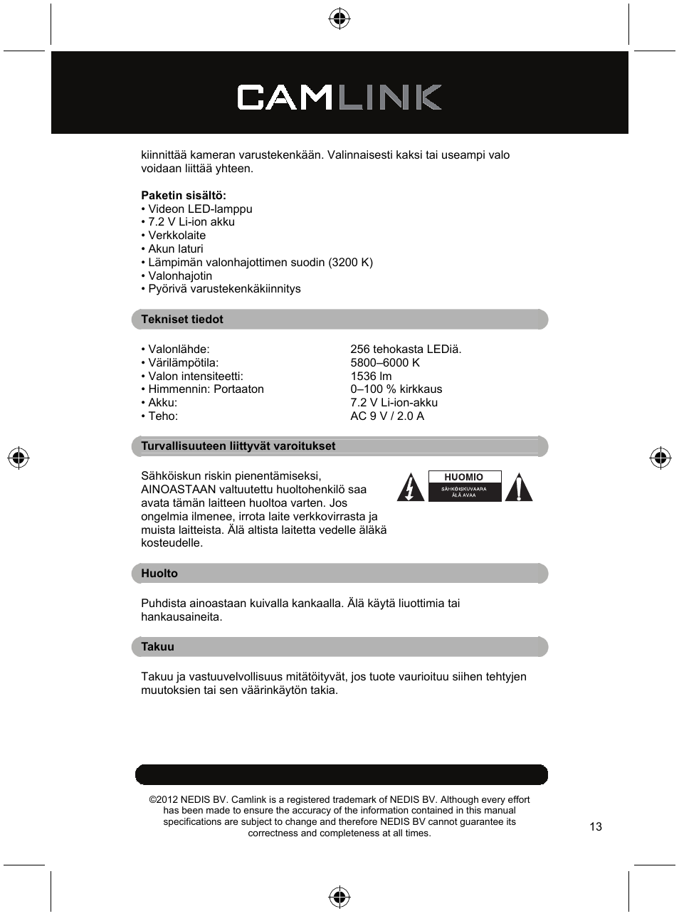 Camlink Dimmable video LED lamp 256 LEDs User Manual | Page 13 / 28