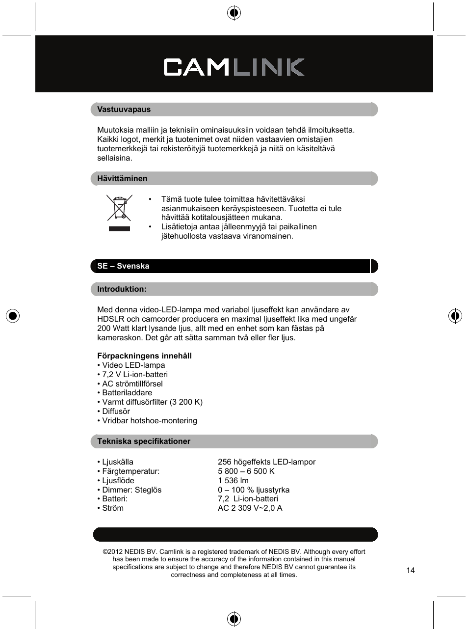 Camlink Dimmable video LED lamp 256 LEDs User Manual | Page 14 / 28