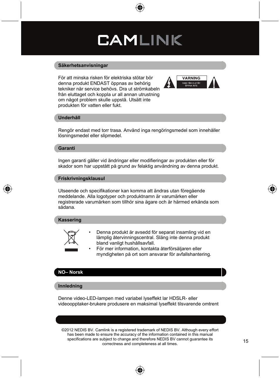 Camlink Dimmable video LED lamp 256 LEDs User Manual | Page 15 / 28