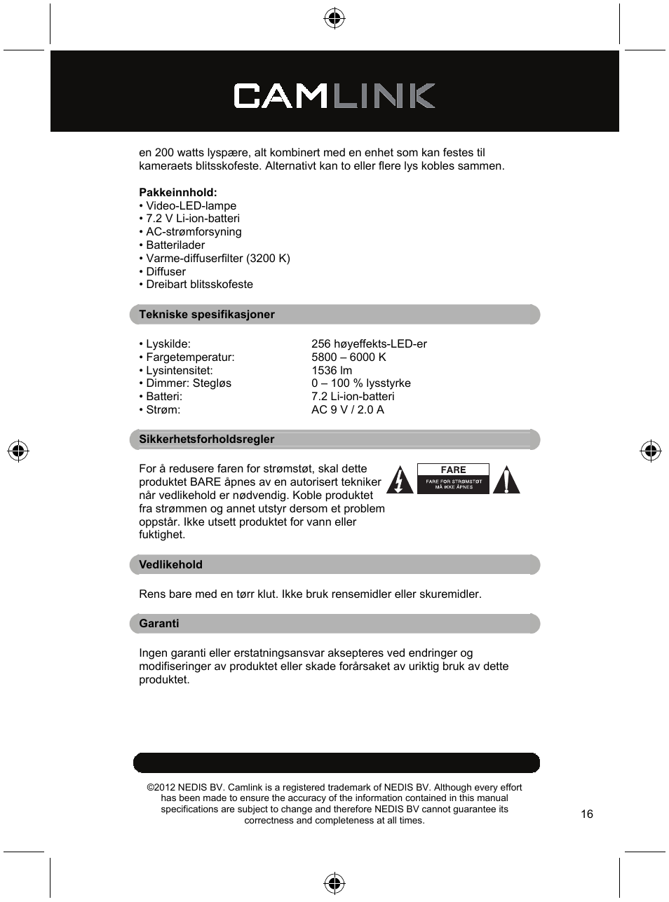 Camlink Dimmable video LED lamp 256 LEDs User Manual | Page 16 / 28