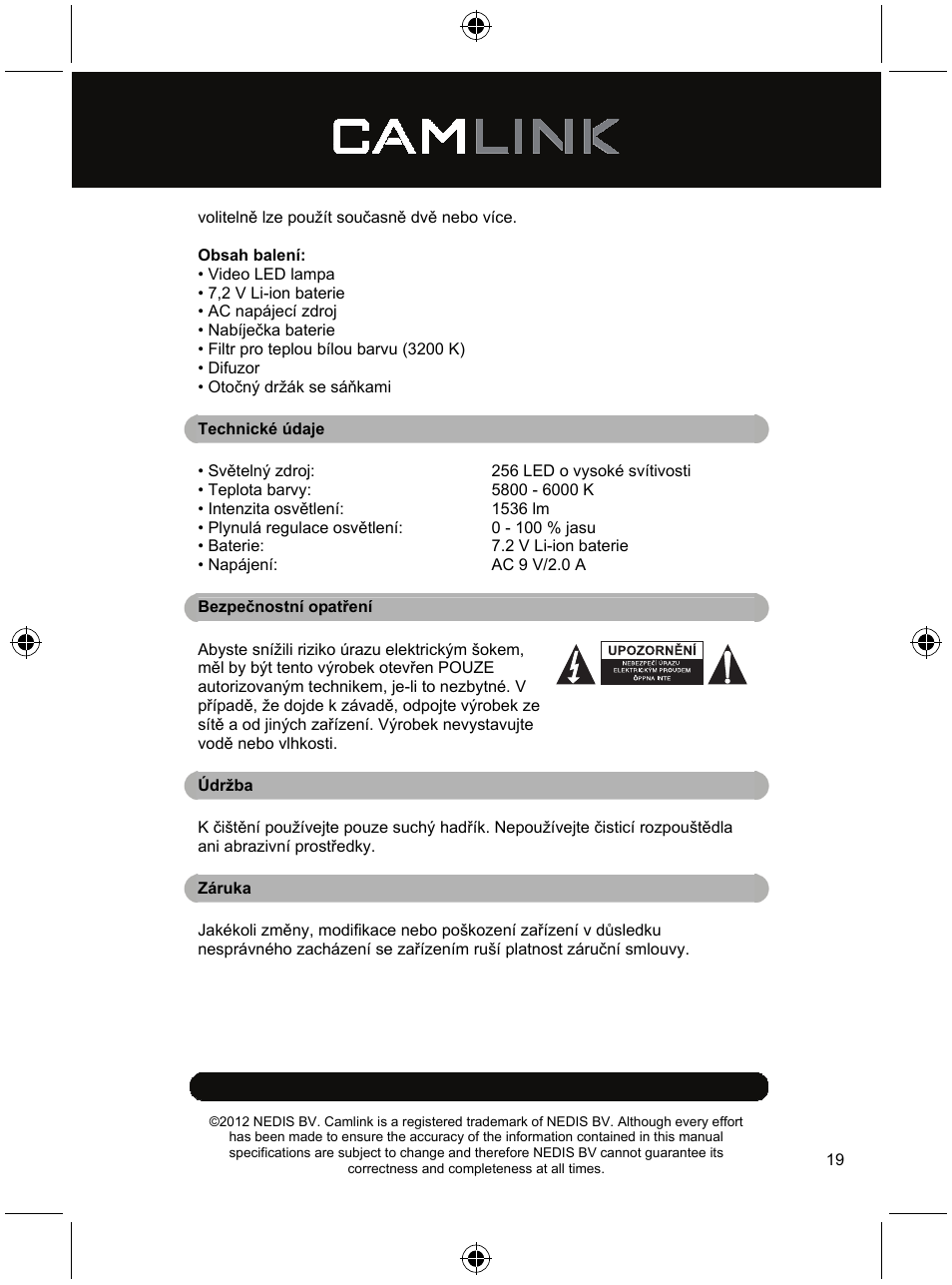Camlink Dimmable video LED lamp 256 LEDs User Manual | Page 19 / 28