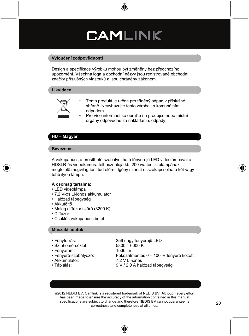 Camlink Dimmable video LED lamp 256 LEDs User Manual | Page 20 / 28