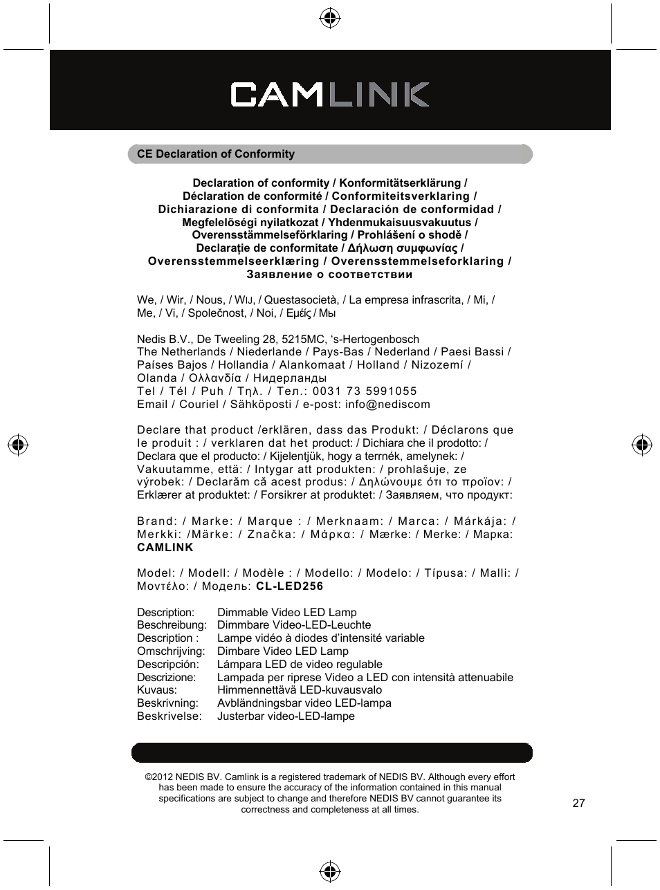 Camlink Dimmable video LED lamp 256 LEDs User Manual | Page 27 / 28