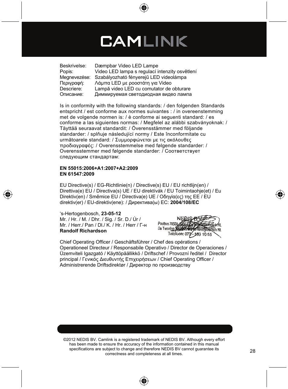 Camlink Dimmable video LED lamp 256 LEDs User Manual | Page 28 / 28
