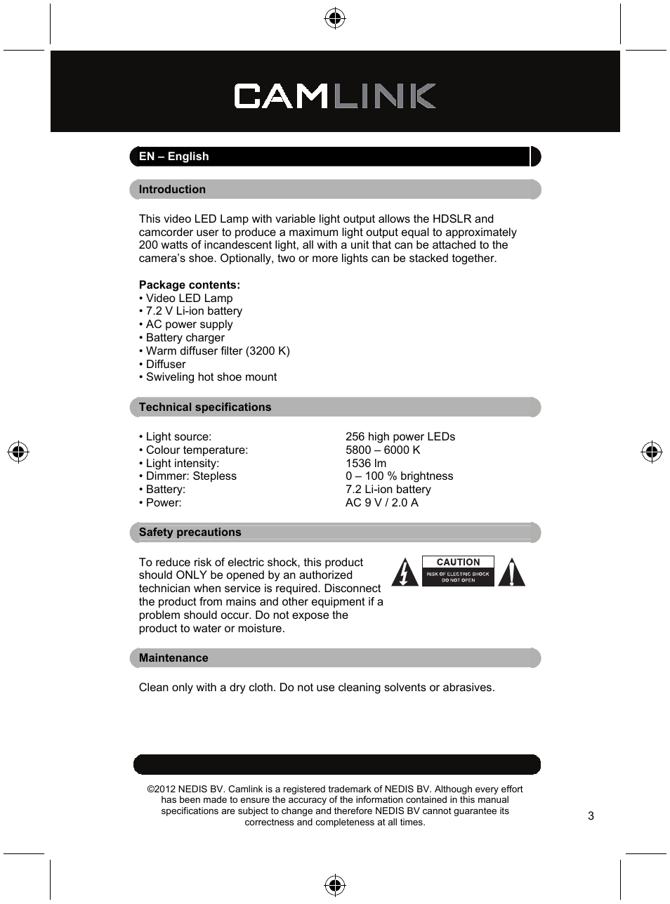 Camlink Dimmable video LED lamp 256 LEDs User Manual | Page 3 / 28
