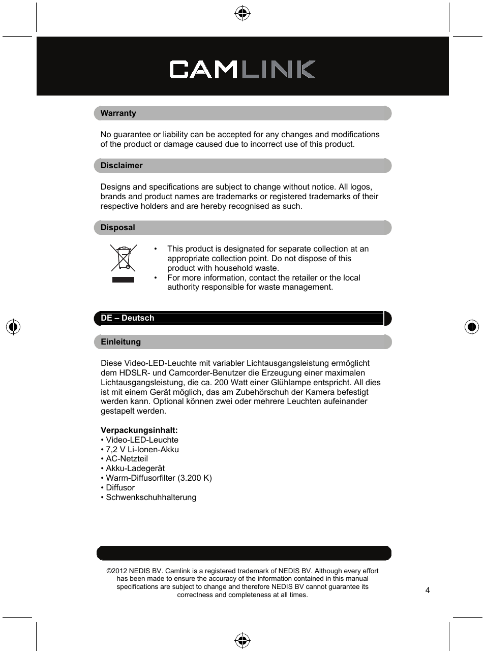 Camlink Dimmable video LED lamp 256 LEDs User Manual | Page 4 / 28