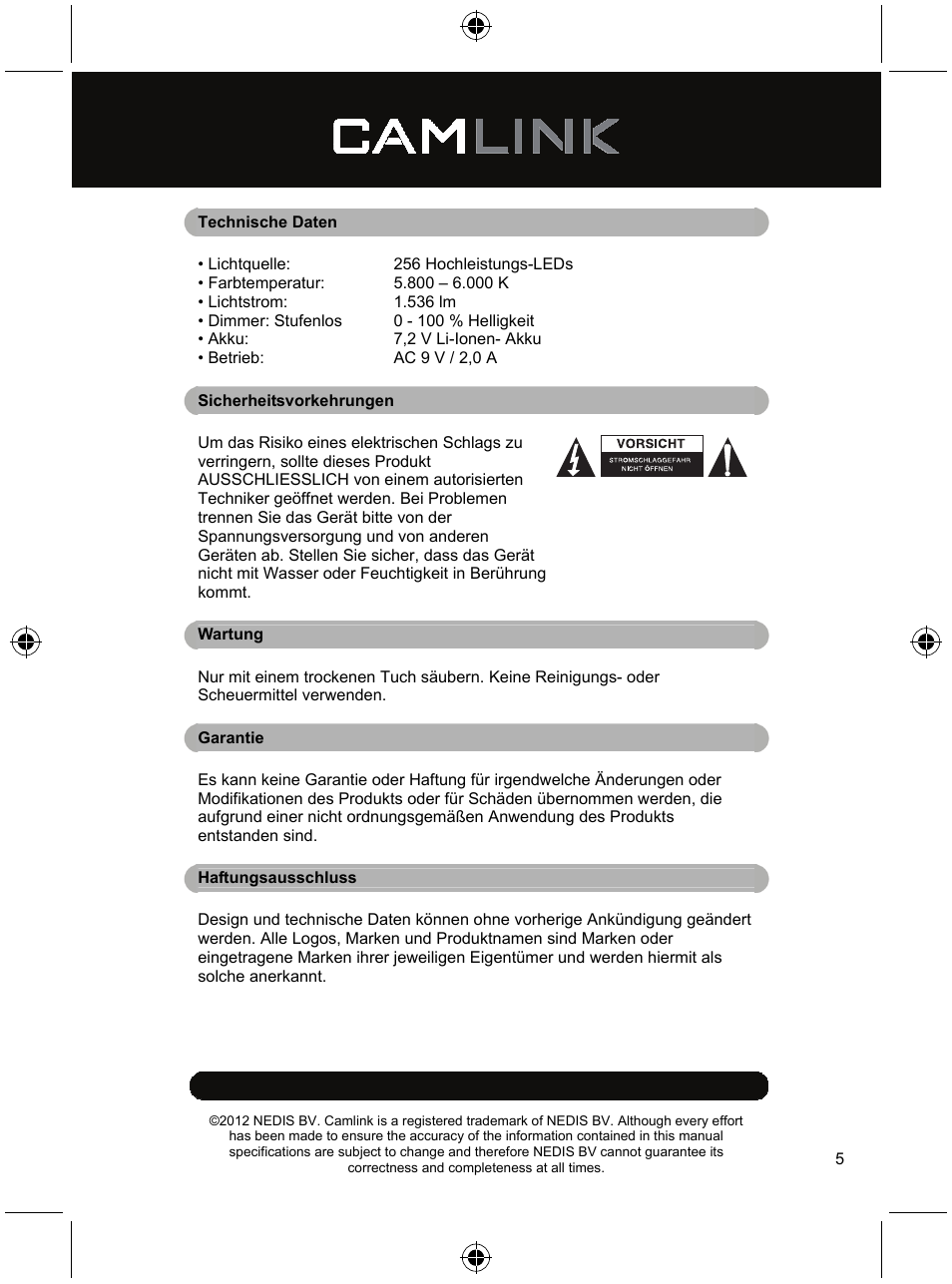 Camlink Dimmable video LED lamp 256 LEDs User Manual | Page 5 / 28