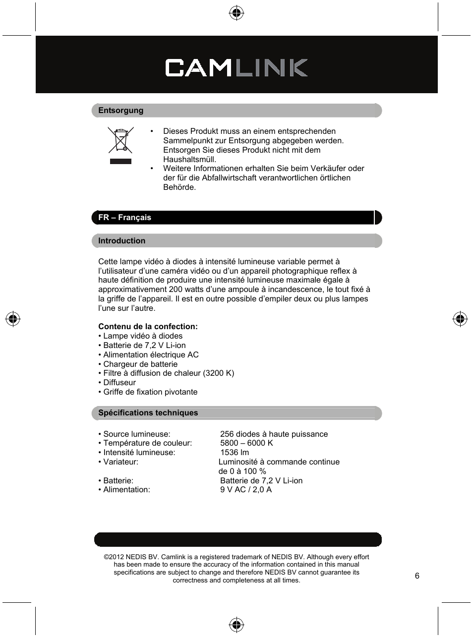 Camlink Dimmable video LED lamp 256 LEDs User Manual | Page 6 / 28