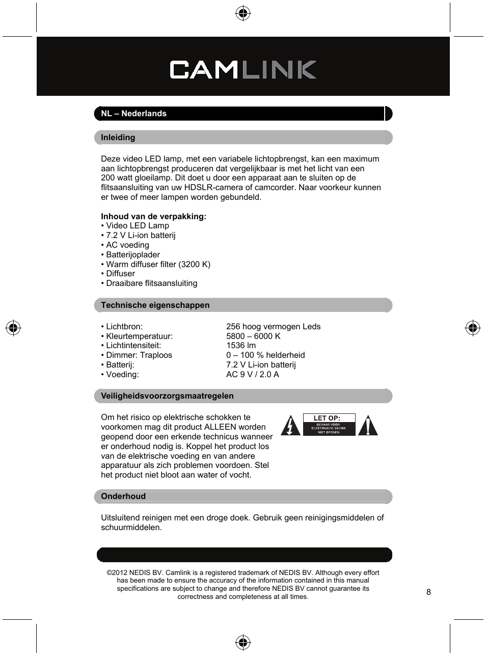 Camlink Dimmable video LED lamp 256 LEDs User Manual | Page 8 / 28
