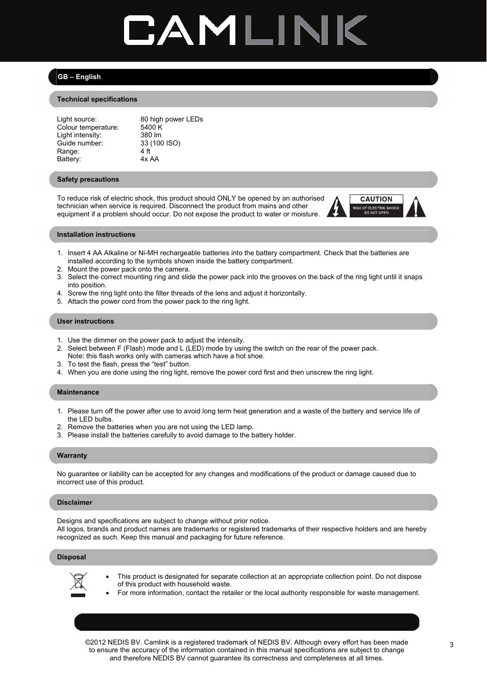 Camlink Close-up Flash LED Ring Light User Manual | Page 3 / 19