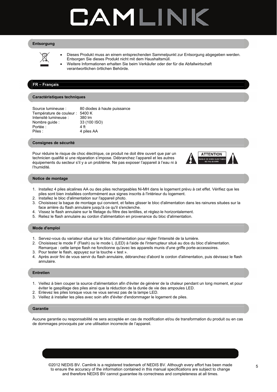 Camlink Close-up Flash LED Ring Light User Manual | Page 5 / 19