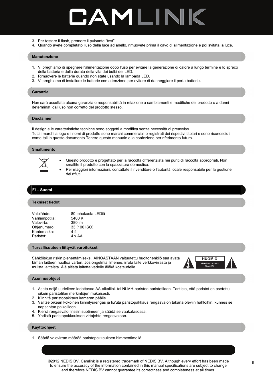 Camlink Close-up Flash LED Ring Light User Manual | Page 9 / 19