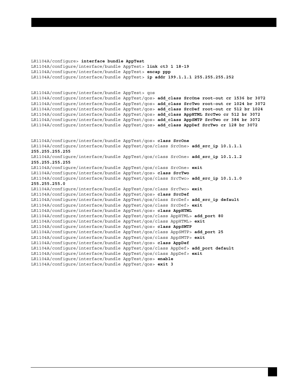 1 create bundle apptest, 2 create traffic classes, 3 assign classification types | 4 vlan identifiers, Vlan identifiers | Black Box LR1102A-T1/E1 User Manual | Page 119 / 142