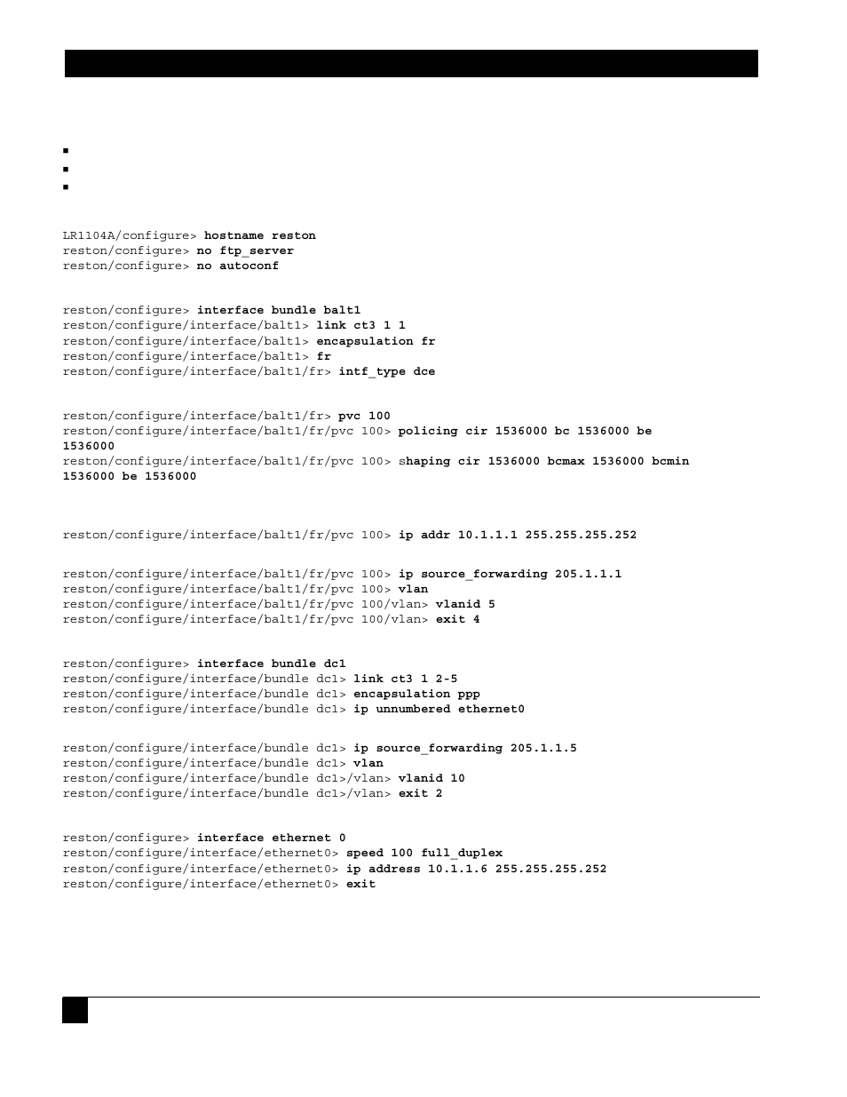 1 reston configuration: black box lr1104a, 1 configure interface bundle balt1, 2 configure interface balt1 pvc 100 | 3 configure interface bundle dc1, 4 configure interface ethernet 0, Reston configuration: black box lr1104a | Black Box LR1102A-T1/E1 User Manual | Page 124 / 142