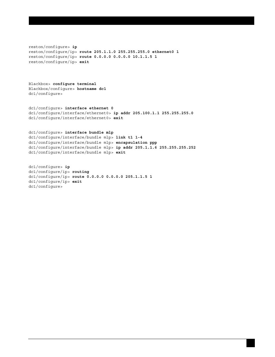 5 configure ip routing, 2 dc configuration: black box lr1114a, 1 configure interface ethernet 0 | 2 configure interface bundle mip, 3 configure ip routing, Configure ip routing, Dc configuration: black box lr1114a | Black Box LR1102A-T1/E1 User Manual | Page 125 / 142