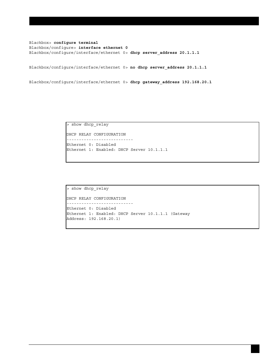2 disabling dhcp relay, 5 displaying dhcp configuration, 6 displaying statistics | Displaying dhcp configuration, Displaying statistics | Black Box LR1102A-T1/E1 User Manual | Page 13 / 142