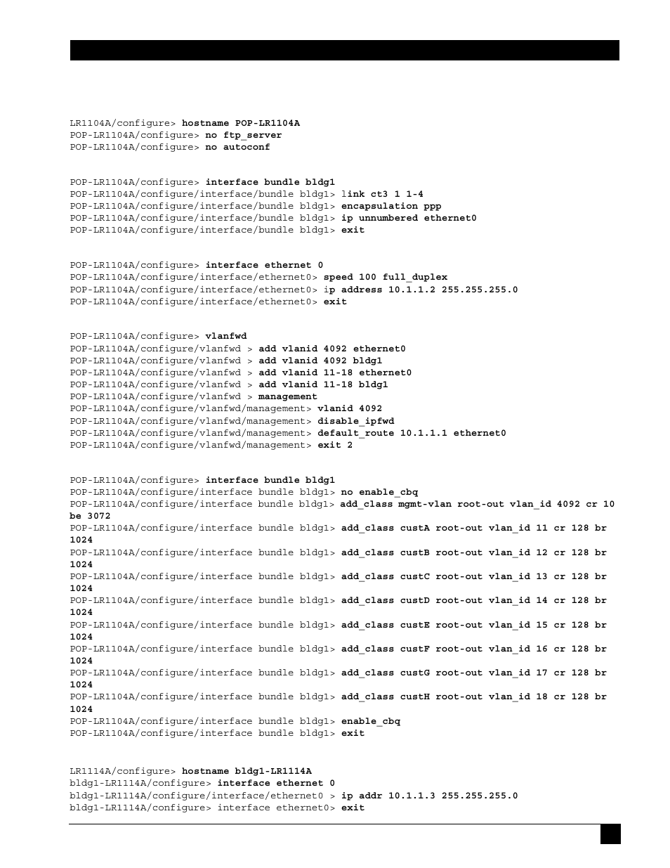 1 pop configuration: black box lr1104a, 1 configure mlppp bundle interface, 2 configure interface ethernet 0 | 3 configure in-band vlan forwarding table, 4 configure rate limiting for vlans, 2 bldg1 configuration: black box lr1114a, Pop configuration: black box lr1104a, Bldg1 configuration: black box lr1114a | Black Box LR1102A-T1/E1 User Manual | Page 133 / 142