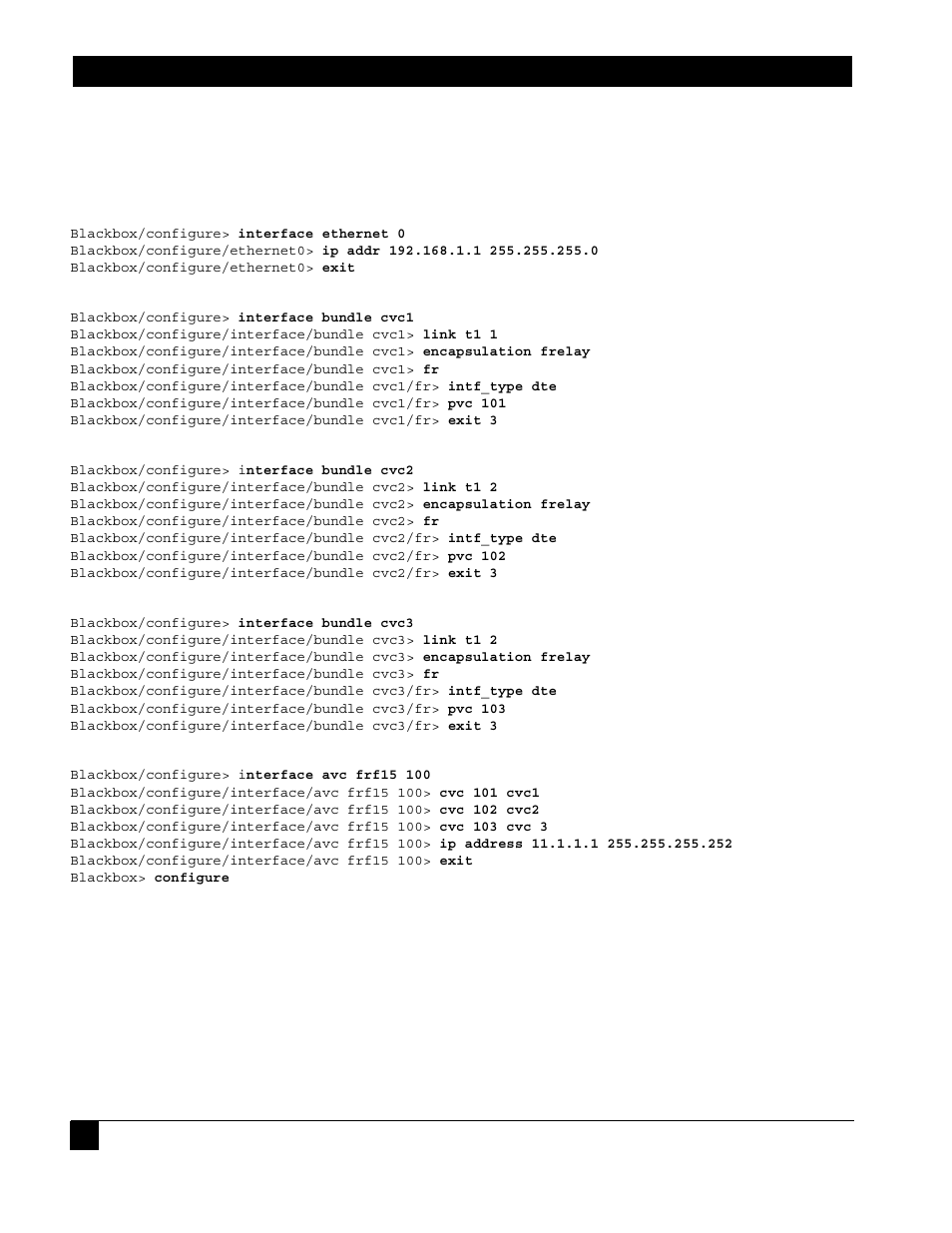 1 # configure ethernet interface, 2 # configure cvc1, 3 # congfigure cvc2 | 4 # configure cvc3, 5 #configure avc | Black Box LR1102A-T1/E1 User Manual | Page 136 / 142
