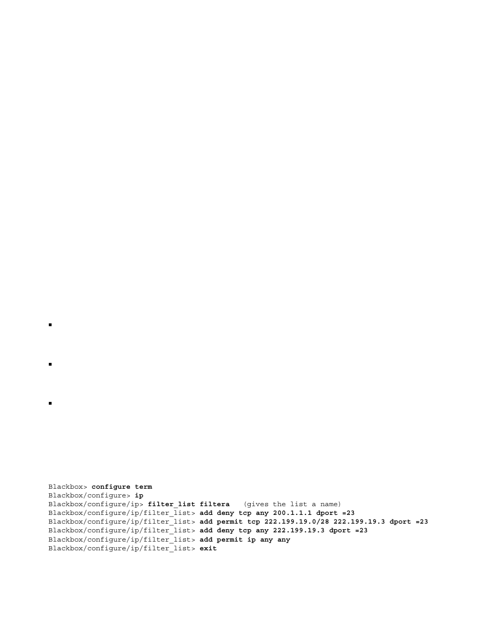 Filtering ip traffic, 1 ip packet filter lists, 1 example1 | 1 configure the black box lr1104a, Iltering, Ip t, Raffic, Ip packet filter lists, Example1, Configure the black box lr1104a | Black Box LR1102A-T1/E1 User Manual | Page 19 / 142