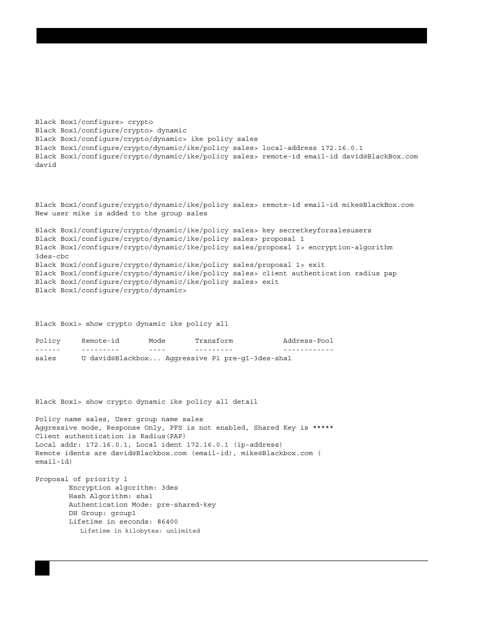 Step 2: as in step2 of example 1, Step 3: as in step3 of example 1, Step 5: display dynamic ike policies | Step 6: display dynamic ike policies in detail | Black Box LR1102A-T1/E1 User Manual | Page 34 / 142