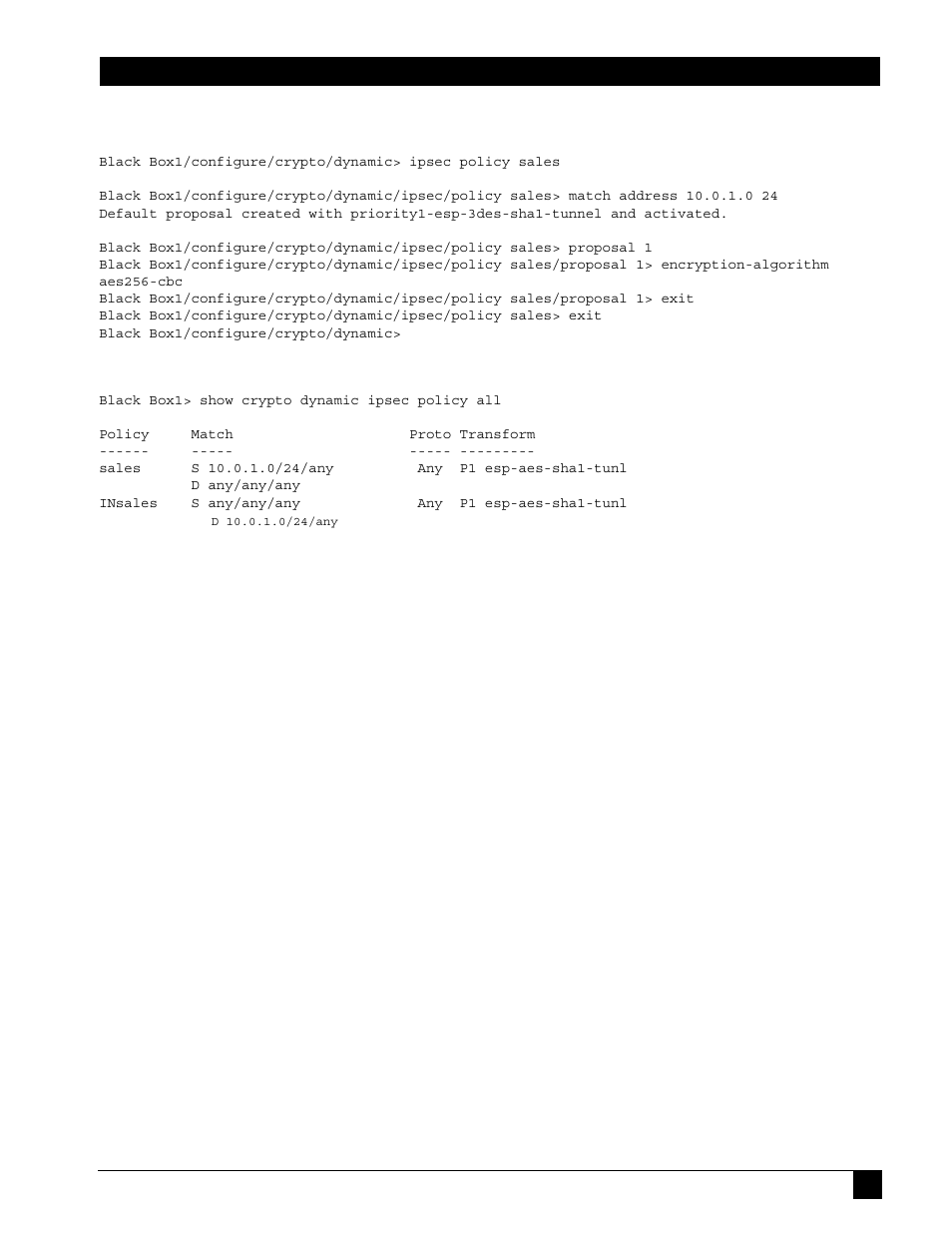 Step 8: display dynamic ipsec policies, Step 9: display dynamic ipsec policies in detail | Black Box LR1102A-T1/E1 User Manual | Page 35 / 142